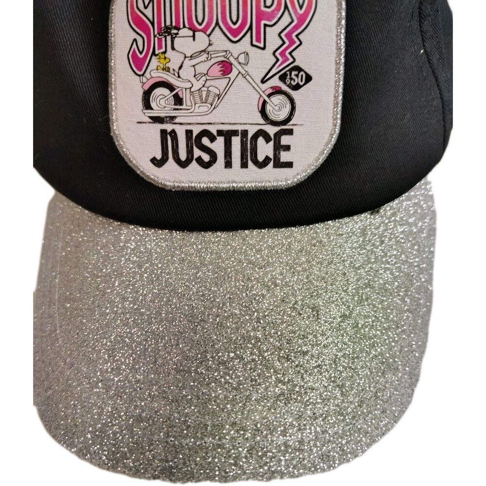 Snoopy Justice "Justice" Patch Biker Dog Hat Silver Sparkle Brim One Size - Picture 7 of 9